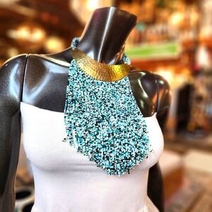 Hand Hammered Brass, Green, Gold, White and Blue Beaded Statement Necklace